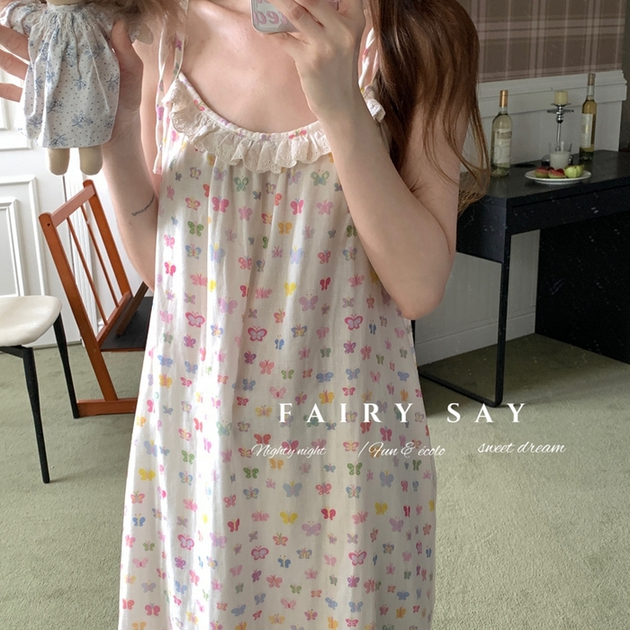 91家纺网 家纺一手货源 找家纺 妍景家居生活馆 2025新款纱布吊带睡裙 彩色蝴蝶