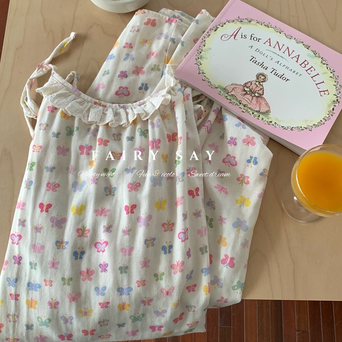 91家纺网 家纺一手货源 找家纺 妍景家居生活馆 2025新款纱布吊带睡裙 彩色蝴蝶