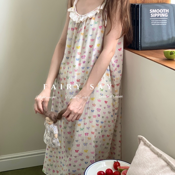 91家纺网 家纺一手货源 找家纺 妍景家居生活馆 2025新款纱布吊带睡裙 彩色蝴蝶