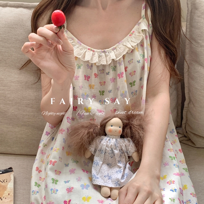 91家纺网 家纺一手货源 找家纺 妍景家居生活馆 2025新款纱布吊带睡裙 彩色蝴蝶