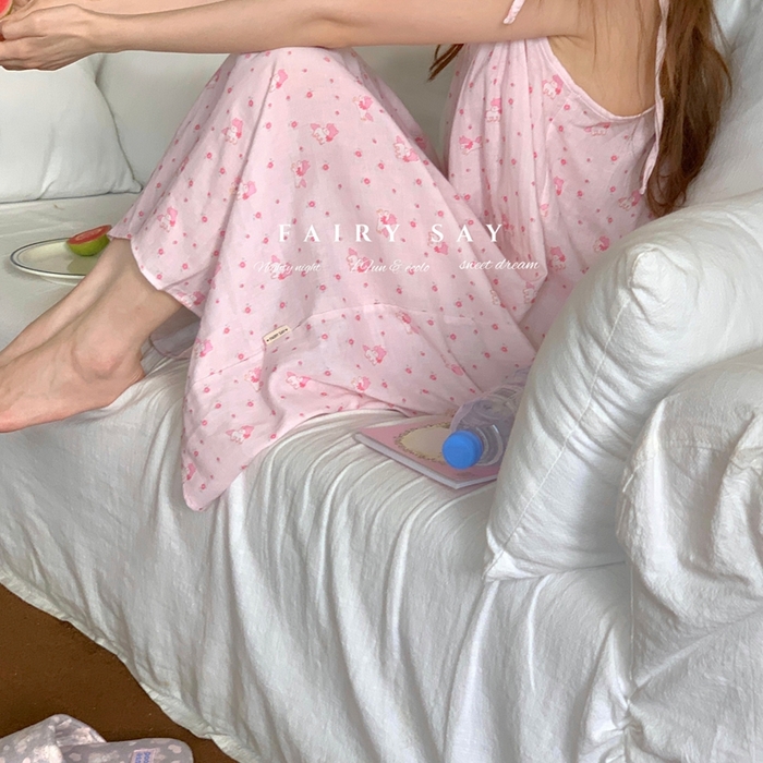 91家纺网 家纺一手货源 找家纺 妍景家居生活馆 2025新款纱布吊带睡裙 粉色小马