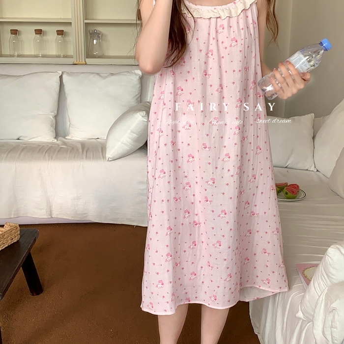 91家纺网 家纺一手货源 找家纺 妍景家居生活馆 2025新款纱布吊带睡裙 粉色小马