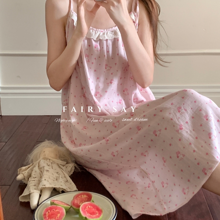 91家纺网 家纺一手货源 找家纺 妍景家居生活馆 2025新款纱布吊带睡裙 粉色小马