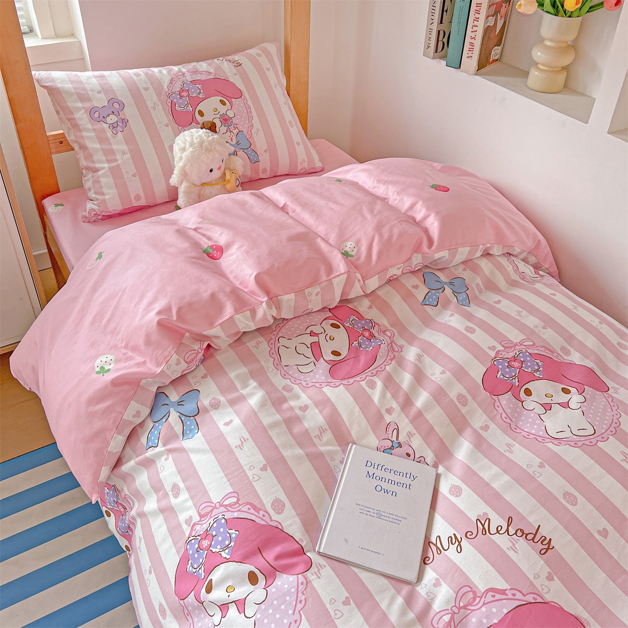 91家纺网 家纺一手货源 找家纺 名兮家居 2025-全棉纯棉13372经典奥特曼-三丽鸥学生床多件套【含防伪标】 竖条美乐蒂