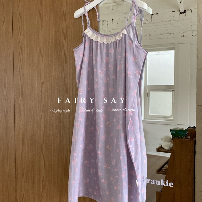 91家纺网 家纺一手货源 找家纺 妍景家居生活馆 2025新款纱布吊带睡裙 灰紫色蝴蝶