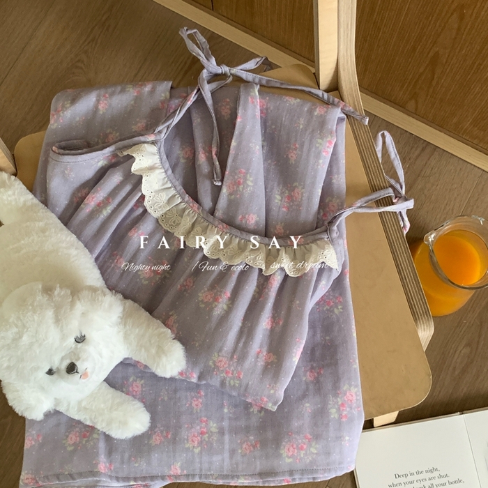 91家纺网 家纺一手货源 找家纺 妍景家居生活馆 2025新款纱布吊带睡裙 灰紫色蝴蝶