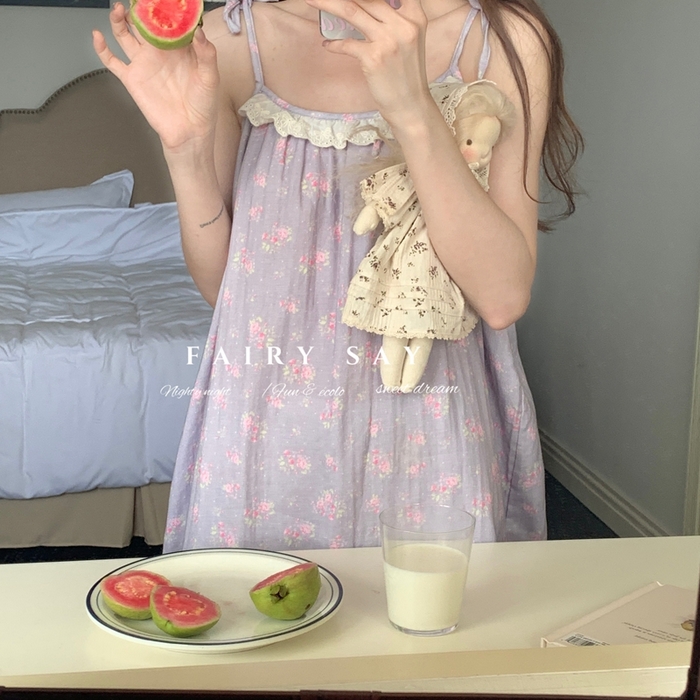 91家纺网 家纺一手货源 找家纺 妍景家居生活馆 2025新款纱布吊带睡裙 灰紫色蝴蝶