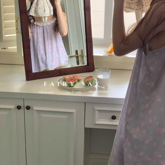 91家纺网 家纺一手货源 找家纺 妍景家居生活馆 2025新款纱布吊带睡裙 灰紫色蝴蝶