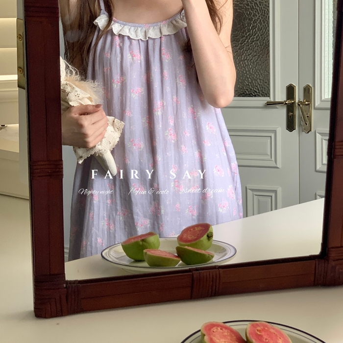 91家纺网 家纺一手货源 找家纺 妍景家居生活馆 2025新款纱布吊带睡裙 灰紫色蝴蝶