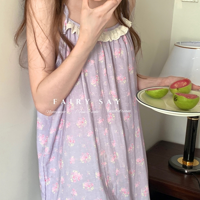 91家纺网 家纺一手货源 找家纺 妍景家居生活馆 2025新款纱布吊带睡裙 灰紫色蝴蝶