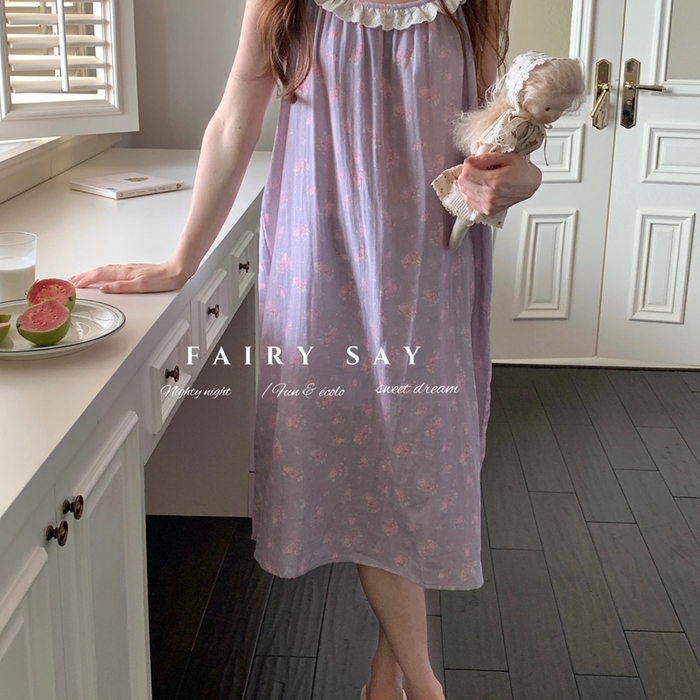 91家纺网 家纺一手货源 找家纺 妍景家居生活馆 2025新款纱布吊带睡裙 灰紫色蝴蝶