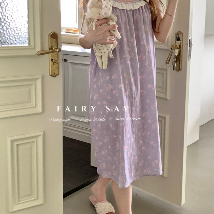 91家纺网 家纺一手货源 找家纺 妍景家居生活馆 2025新款纱布吊带睡裙 灰紫色蝴蝶