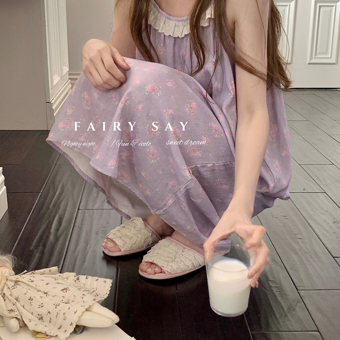 91家纺网 家纺一手货源 找家纺 妍景家居生活馆 2025新款纱布吊带睡裙 灰紫色蝴蝶