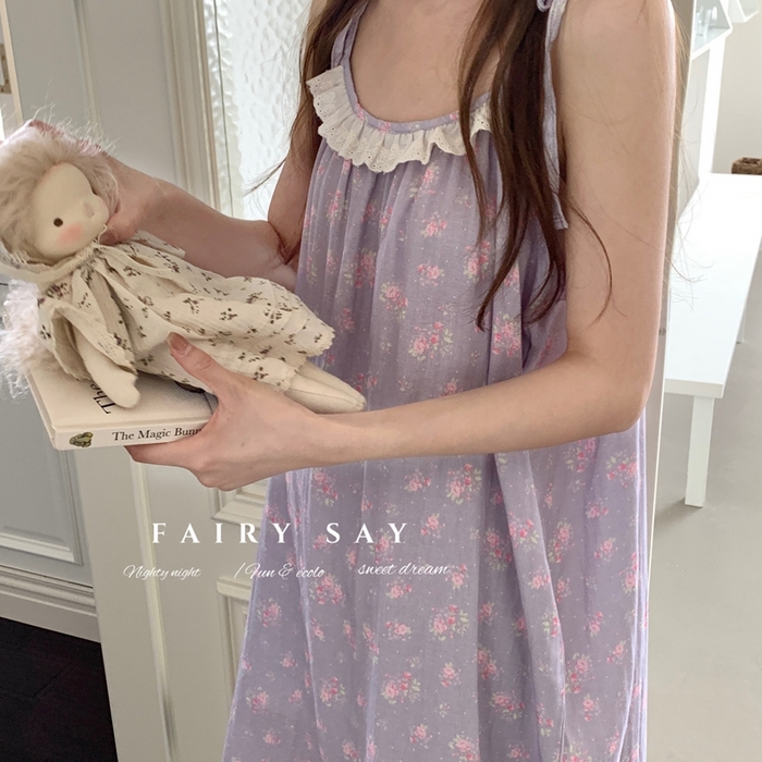 91家纺网 家纺一手货源 找家纺 妍景家居生活馆 2025新款纱布吊带睡裙 灰紫色蝴蝶