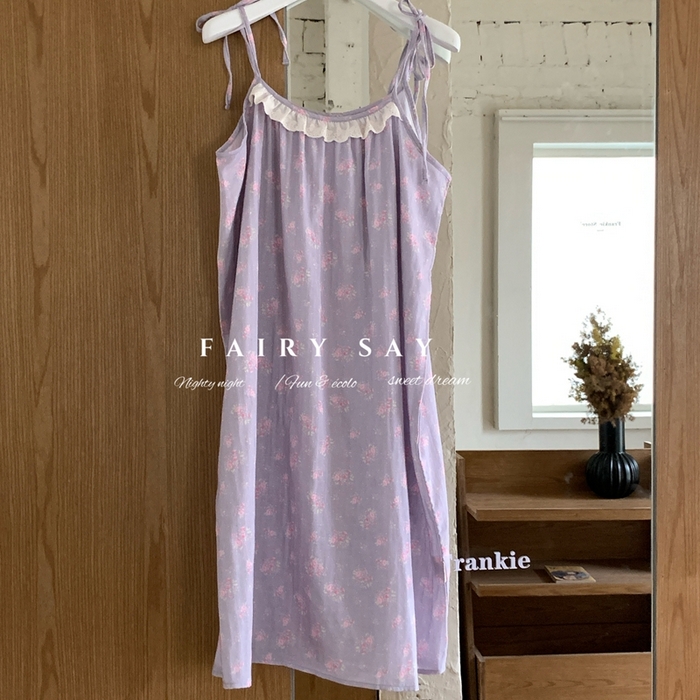 91家纺网 家纺一手货源 找家纺 妍景家居生活馆 2025新款纱布吊带睡裙 灰紫色蝴蝶