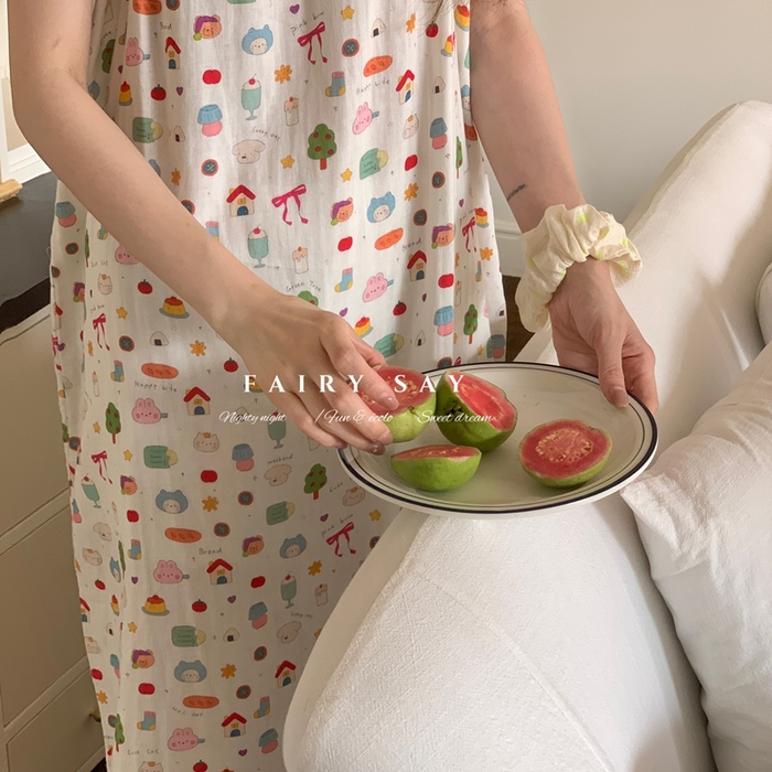 91家纺网 家纺一手货源 找家纺 妍景家居生活馆 2025新款纱布吊带睡裙 可爱小元素