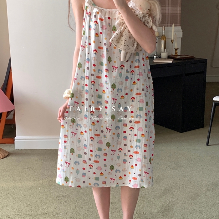 91家纺网 家纺一手货源 找家纺 妍景家居生活馆 2025新款纱布吊带睡裙 可爱小元素