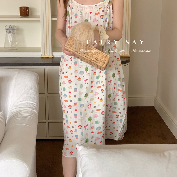 91家纺网 家纺一手货源 找家纺 妍景家居生活馆 2025新款纱布吊带睡裙 可爱小元素