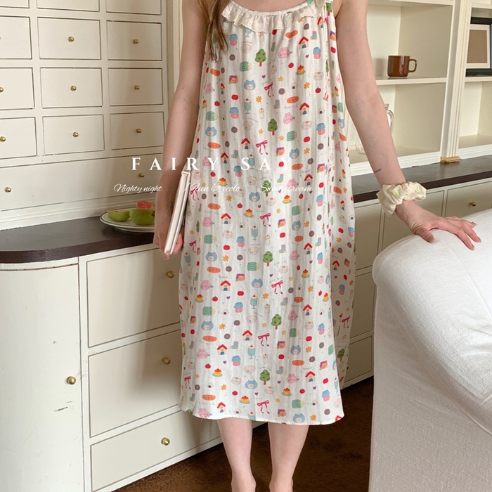 91家纺网 家纺一手货源 找家纺 妍景家居生活馆 2025新款纱布吊带睡裙 可爱小元素