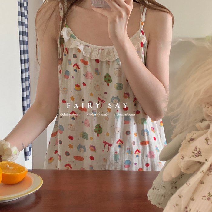 91家纺网 家纺一手货源 找家纺 妍景家居生活馆 2025新款纱布吊带睡裙 可爱小元素