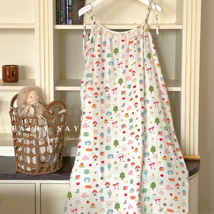 91家纺网 家纺一手货源 找家纺 妍景家居生活馆 2025新款纱布吊带睡裙 可爱小元素