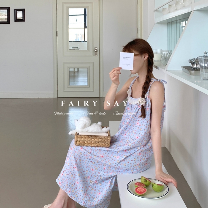 妍景家居生活馆 2025新款纱布吊带睡裙 蓝底碎花猫咪