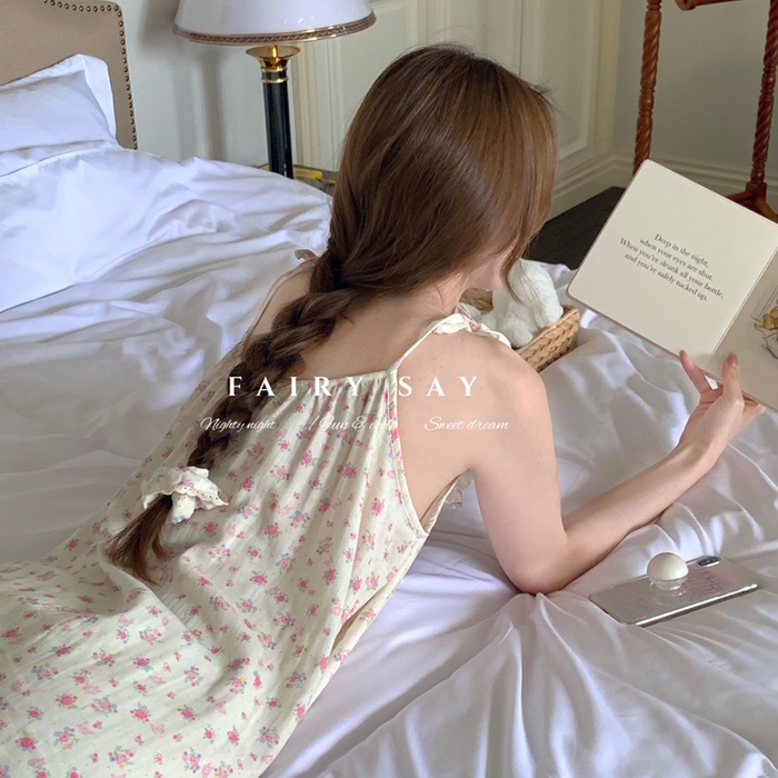 91家纺网 家纺一手货源 找家纺 妍景家居生活馆 2025新款纱布吊带睡裙 碎花蝴蝶