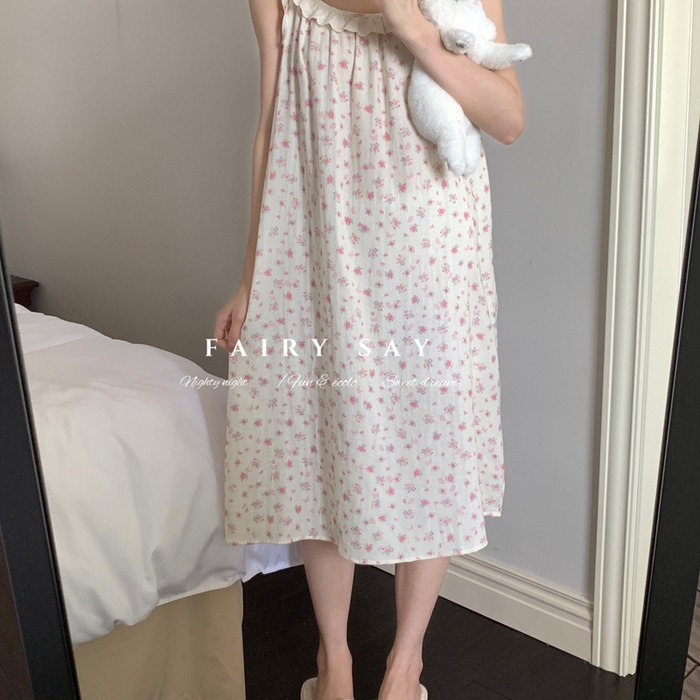 91家纺网 家纺一手货源 找家纺 妍景家居生活馆 2025新款纱布吊带睡裙 碎花蝴蝶