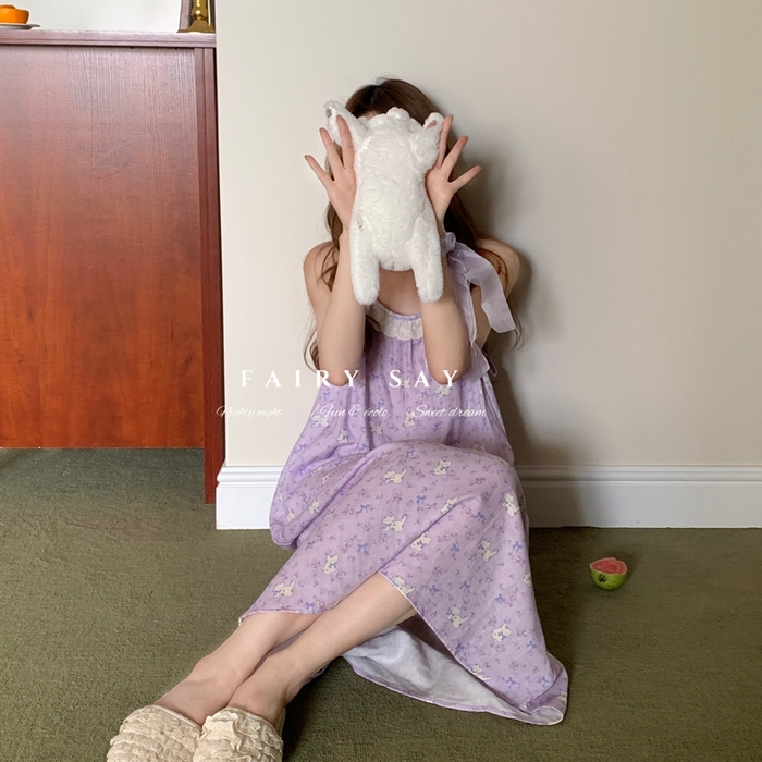 妍景家居生活馆 2025新款纱布吊带睡裙 紫色蝴蝶结猫咪