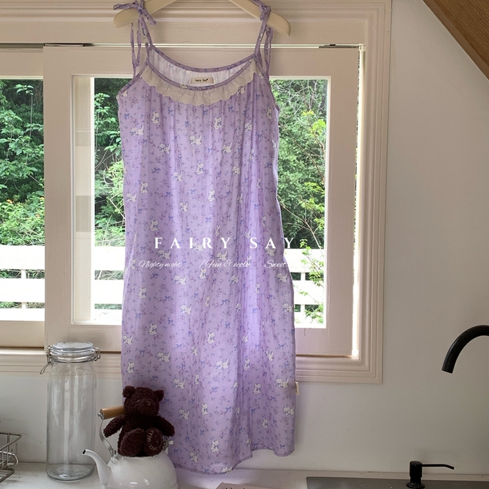 91家纺网 家纺一手货源 找家纺 妍景家居生活馆 2025新款纱布吊带睡裙 紫色蝴蝶结猫咪