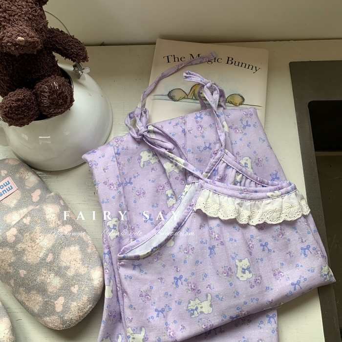 91家纺网 家纺一手货源 找家纺 妍景家居生活馆 2025新款纱布吊带睡裙 紫色蝴蝶结猫咪