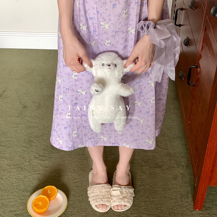 91家纺网 家纺一手货源 找家纺 妍景家居生活馆 2025新款纱布吊带睡裙 紫色蝴蝶结猫咪