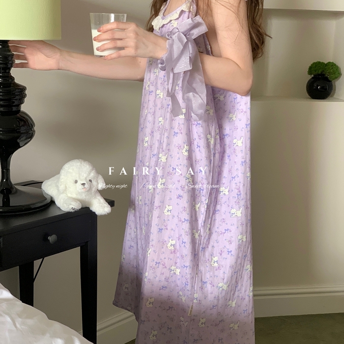 91家纺网 家纺一手货源 找家纺 妍景家居生活馆 2025新款纱布吊带睡裙 紫色蝴蝶结猫咪