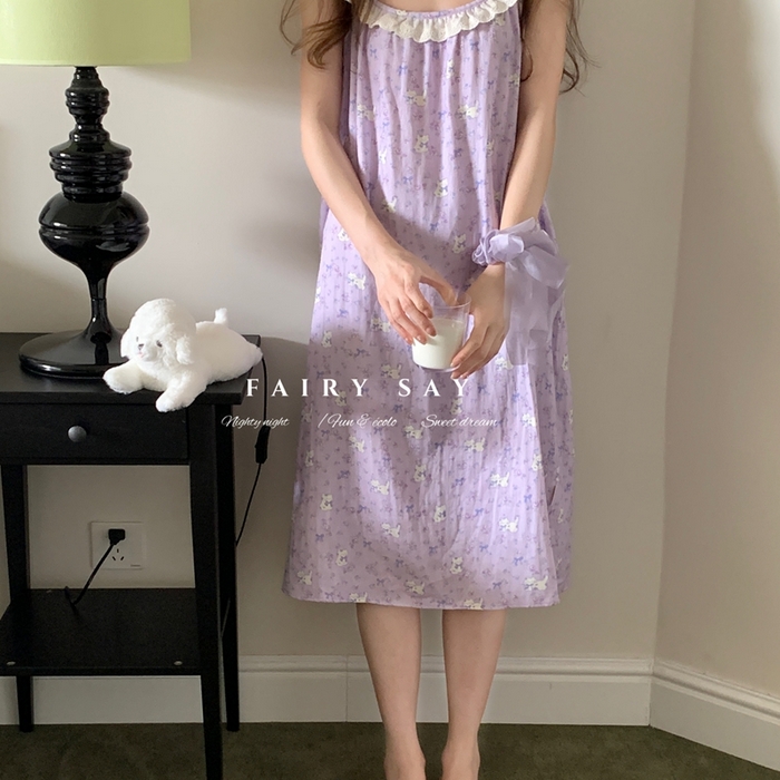 91家纺网 家纺一手货源 找家纺 妍景家居生活馆 2025新款纱布吊带睡裙 紫色蝴蝶结猫咪