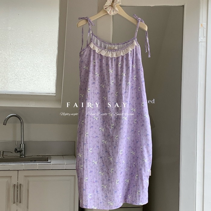 91家纺网 家纺一手货源 找家纺 妍景家居生活馆 2025新款纱布吊带睡裙 紫色蝴蝶结猫咪