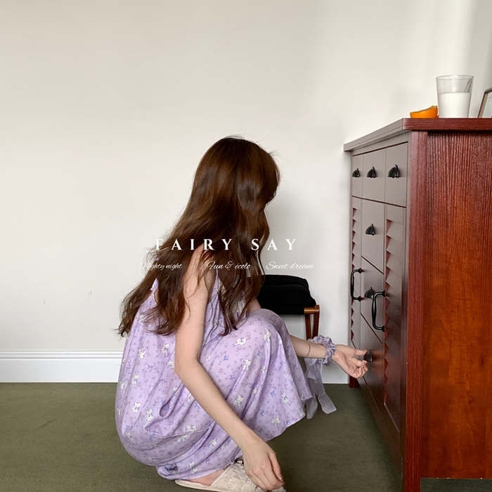 91家纺网 家纺一手货源 找家纺 妍景家居生活馆 2025新款纱布吊带睡裙 紫色蝴蝶结猫咪