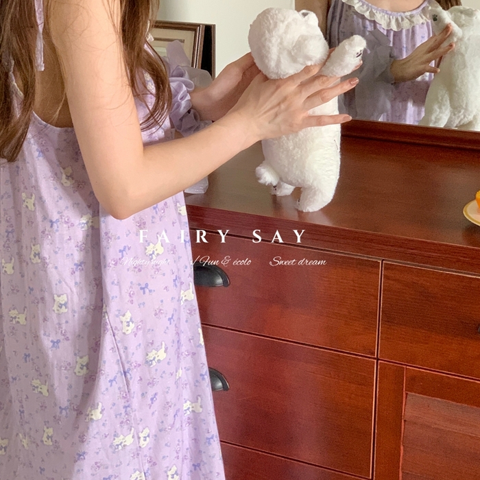 91家纺网 家纺一手货源 找家纺 妍景家居生活馆 2025新款纱布吊带睡裙 紫色蝴蝶结猫咪