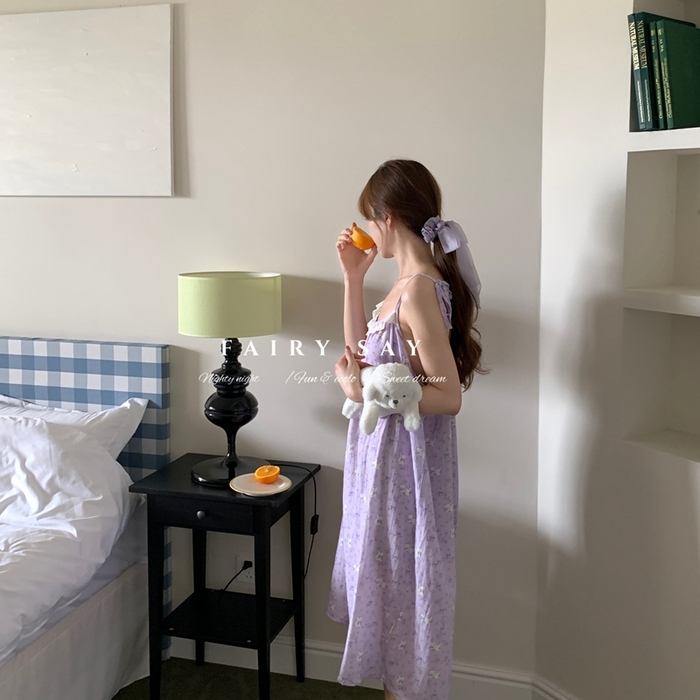 91家纺网 家纺一手货源 找家纺 妍景家居生活馆 2025新款纱布吊带睡裙 紫色蝴蝶结猫咪