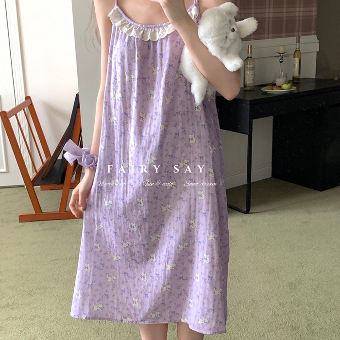 91家纺网 家纺一手货源 找家纺 妍景家居生活馆 2025新款纱布吊带睡裙 紫色蝴蝶结猫咪