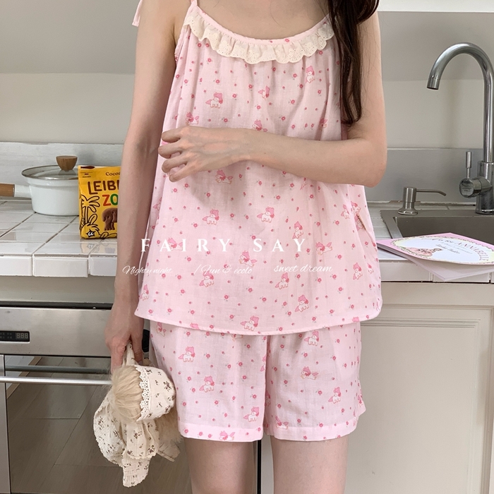 91家纺网 家纺一手货源 找家纺 妍景家居生活馆 2025新款纱布吊带套装 粉色小马