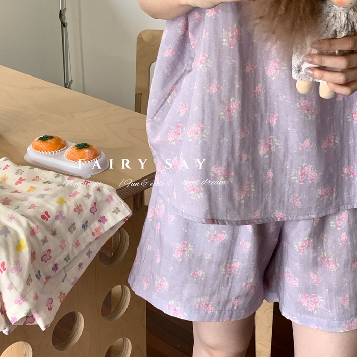 91家纺网 家纺一手货源 找家纺 妍景家居生活馆 2025新款纱布吊带套装 灰紫色碎花