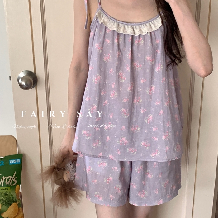 91家纺网 家纺一手货源 找家纺 妍景家居生活馆 2025新款纱布吊带套装 灰紫色碎花