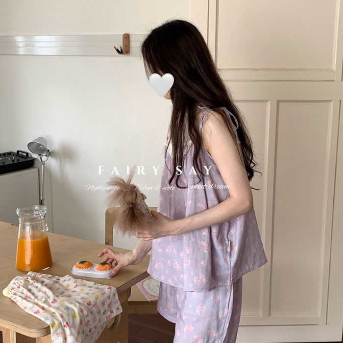 91家纺网 家纺一手货源 找家纺 妍景家居生活馆 2025新款纱布吊带套装 灰紫色碎花