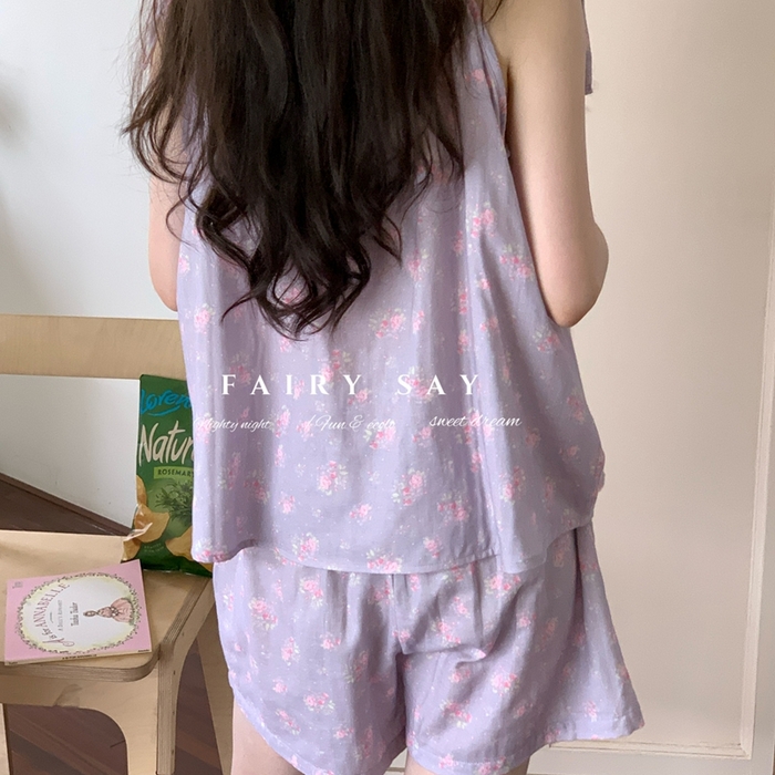 91家纺网 家纺一手货源 找家纺 妍景家居生活馆 2025新款纱布吊带套装 灰紫色碎花