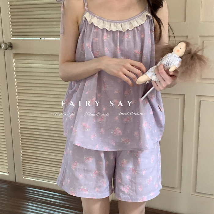 91家纺网 家纺一手货源 找家纺 妍景家居生活馆 2025新款纱布吊带套装 灰紫色碎花