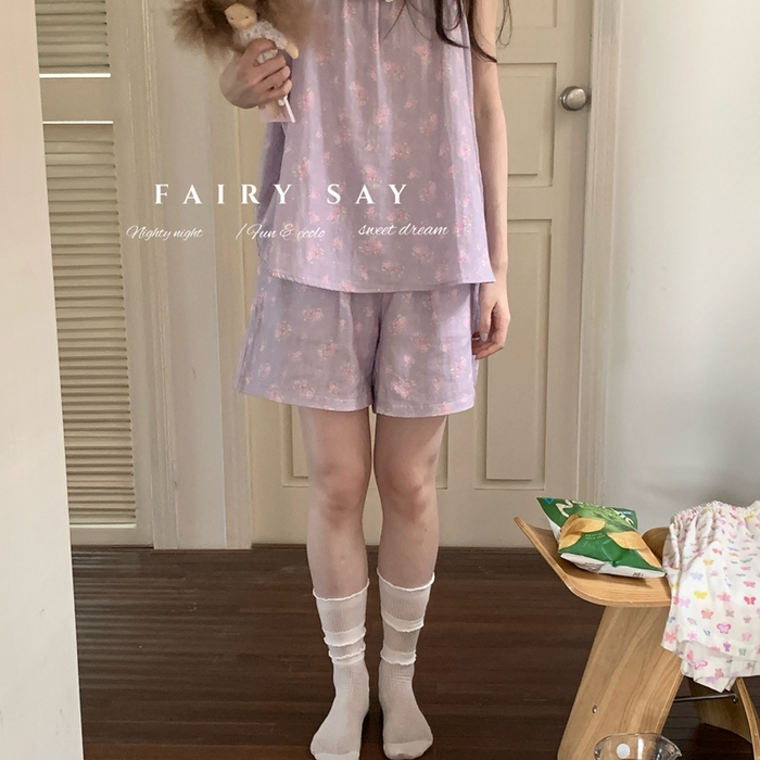 91家纺网 家纺一手货源 找家纺 妍景家居生活馆 2025新款纱布吊带套装 灰紫色碎花