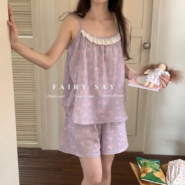 91家纺网 家纺一手货源 找家纺 妍景家居生活馆 2025新款纱布吊带套装 灰紫色碎花