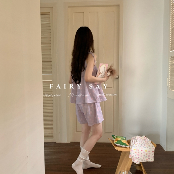 91家纺网 家纺一手货源 找家纺 妍景家居生活馆 2025新款纱布吊带套装 灰紫色碎花