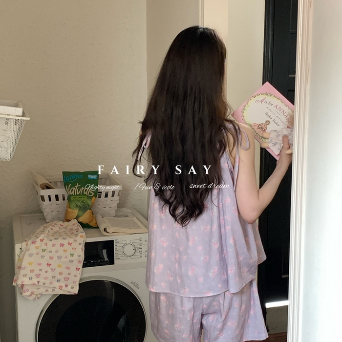 91家纺网 家纺一手货源 找家纺 妍景家居生活馆 2025新款纱布吊带套装 灰紫色碎花