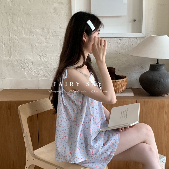 妍景家居生活馆 2025新款纱布吊带套装 蓝底碎花